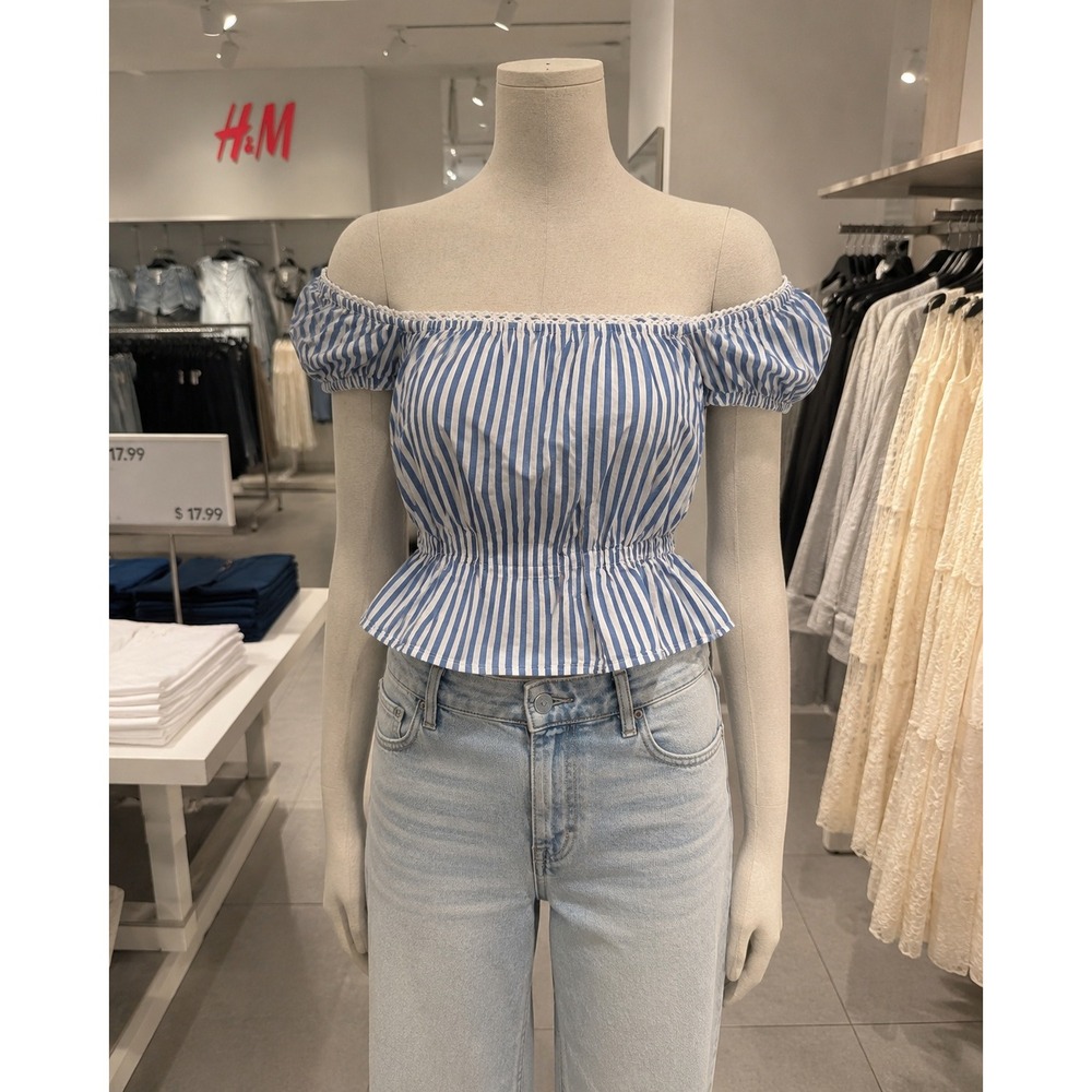 H&M Coastal Chic Blue Stripe Peplum Off-Shoulder Cottagecore Summer Top XS